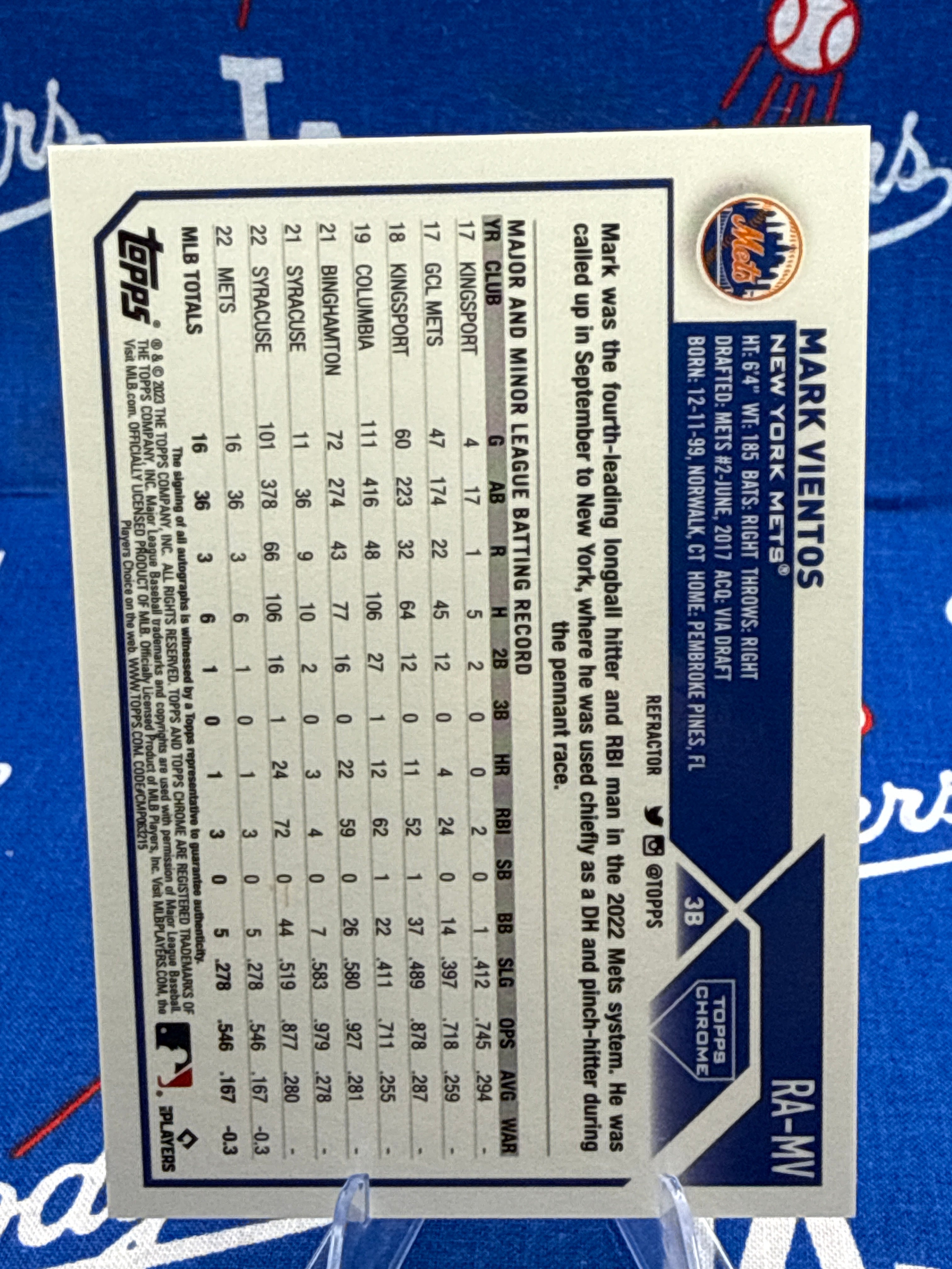 2023 Topps Chrome Mark Vientos RC Auto Refractor #RA-MV Numbered 192/499 New York Mets Raw