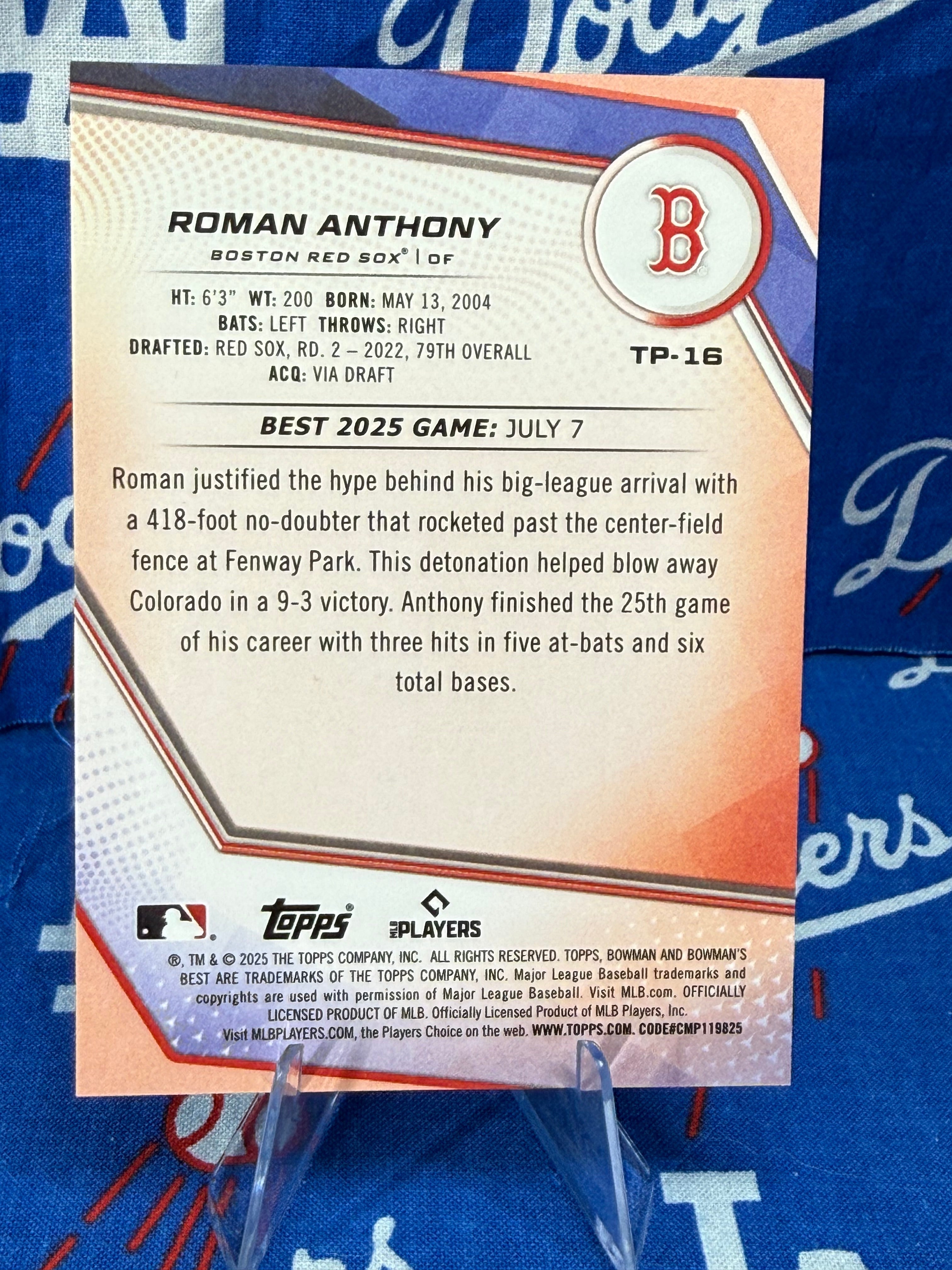 2025 Bowman's Best Roman Anthony #TP-16 Gold Refractor Numbered 30/75 Boston Red Sox OF