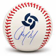 Blue-ink Ketel Marte autograph on the WBC logo panel of a Rawlings 2026 World Baseball Classic baseball