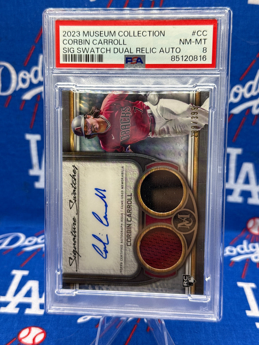 2023 Topps Museum Collection Corbin Carroll Sig Swatch Dual Relic Auto #CC PSA 8 NM-MT RC /399