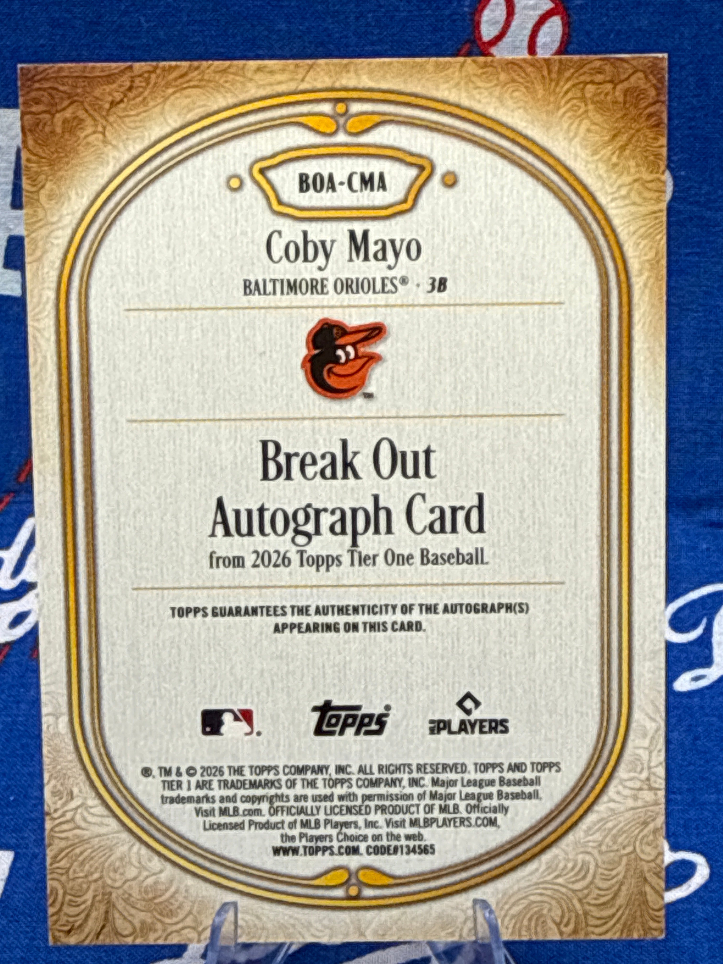 2026 Topps Tier One - Coby Mayo #BOA-CMA Break Out Autograph /99 Baltimore Orioles