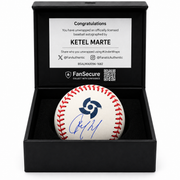 Signed 2026 World Baseball Classic baseball shown with black display box and Fanatics Authentic label