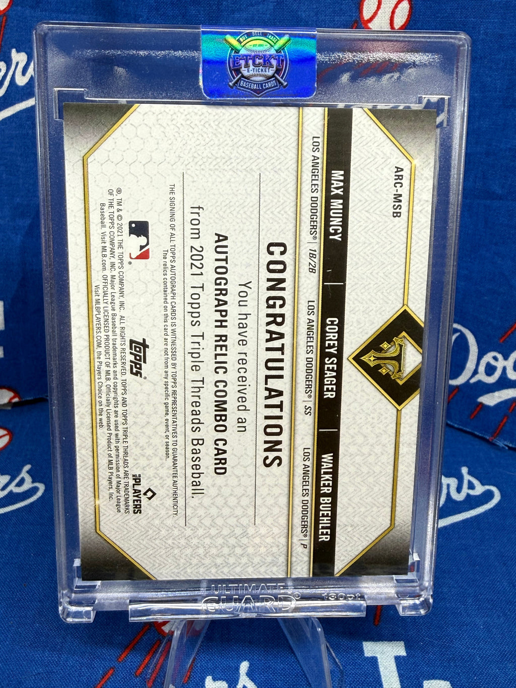 2021 Topps Triple Threads Muncy / Seager / Buehler Triple Auto Patch #ARC-MSB Los Angeles Dodgers