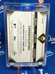 2021 Topps Triple Threads Muncy / Seager / Buehler Triple Auto Patch #ARC-MSB Los Angeles Dodgers