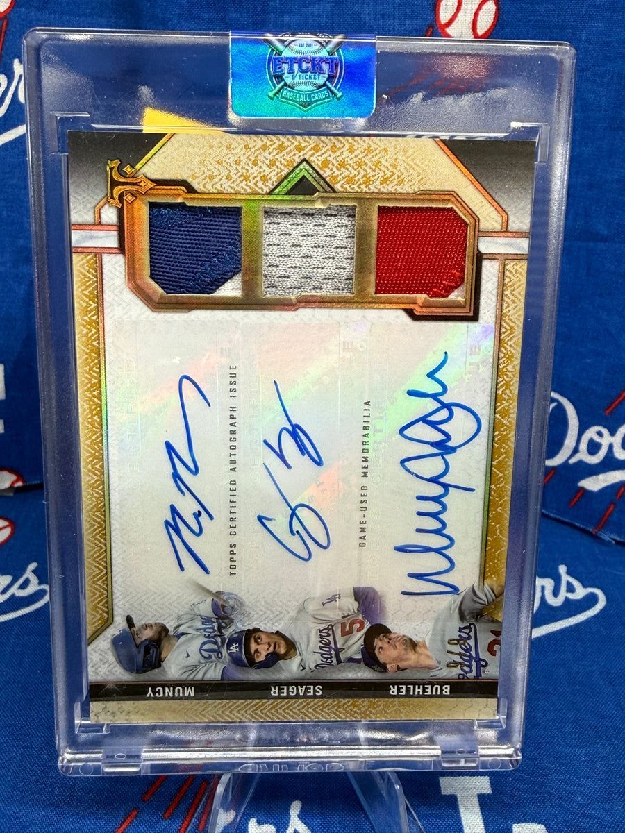 2021 Topps Triple Threads Muncy / Seager / Buehler Triple Auto Patch #ARC-MSB Los Angeles Dodgers
