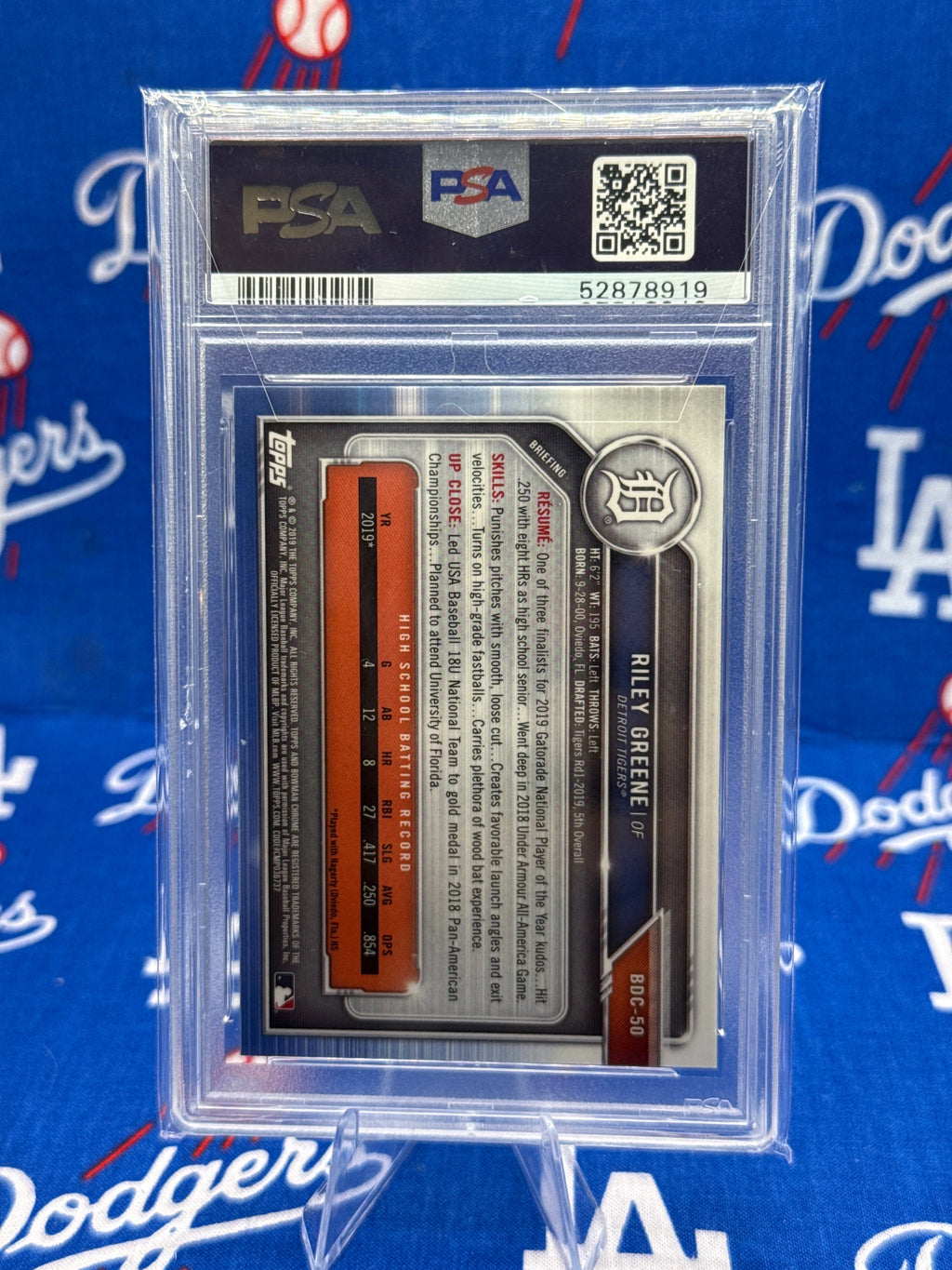 Riley Greene 2019 Bowman Draft Chrome 1st Bowman #BDC-50 PSA 9 MINT — Detroit Tigers