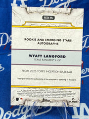 2025 Topps Inception Wyatt Langford Rookie & Emerging Stars Auto #RESA-WL Numbered 020/148 Texas Rangers