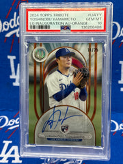 2024 Topps Tribute Yoshinobu Yamamoto LG Inauguration Auto-Orange #14/25 PSA 10 Gem Mint