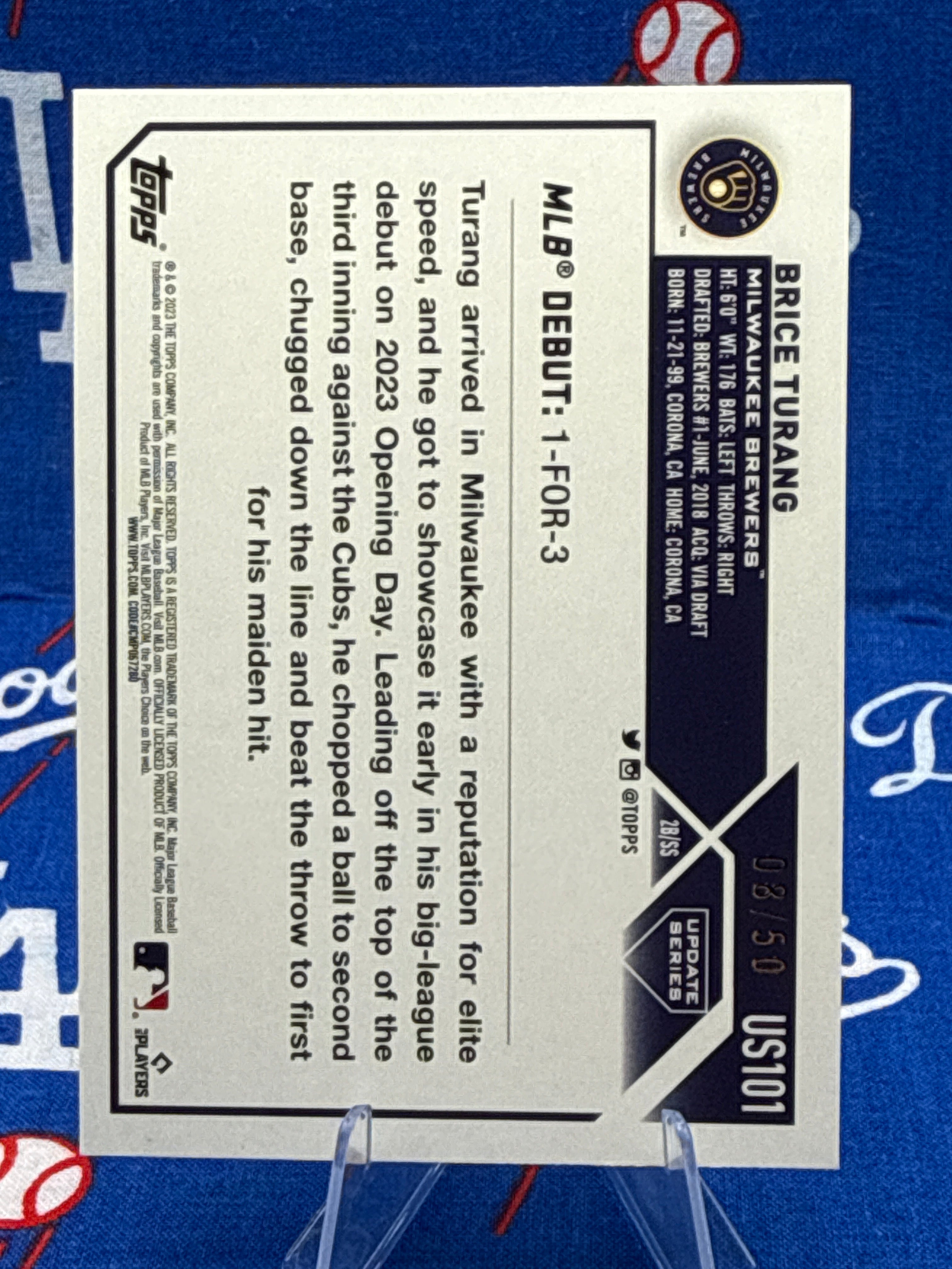 2023 Topps Update Series Brice Turang RC #US101 Mother's Day Pink Parallel Numbered 08/50 Milwaukee Brewers Raw